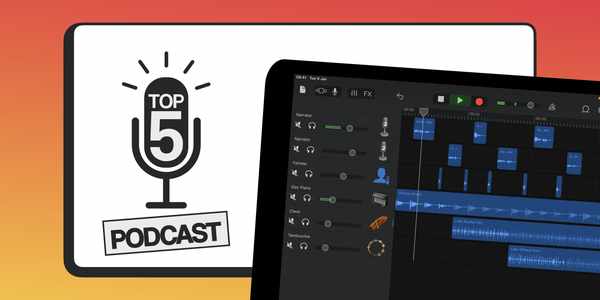 Image with iPad on right, at an angle, with a podcast recorded in GarageBand. On left, a mic has Top 5 Podcast written on it.