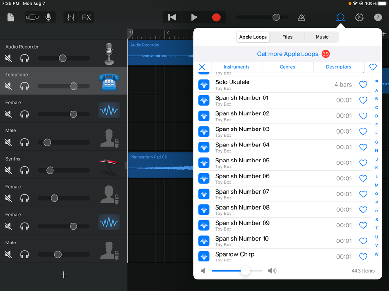 Screenshot of GarageBand showing tracks from the Toy box Sound pack