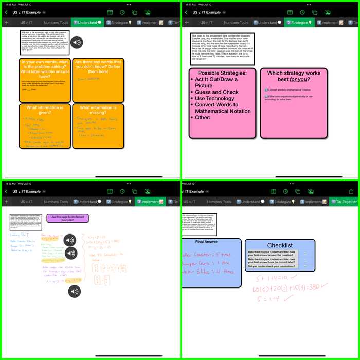 Example of what a completed organizer might look like, including text boxes, handwriting, and recorded audio to show thinking