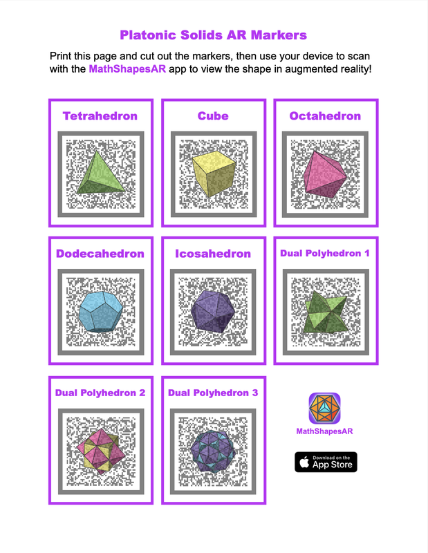 One page of 8 rectangular AR markers, each displaying the name of the shape and a colored 2D image on a QR-code background.