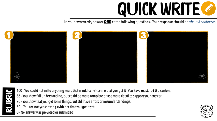 Screenshot of a quick write template showing 3 questions in black boxes and a basic rubric