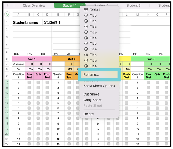 a spreadsheet with menu open that reads rename.