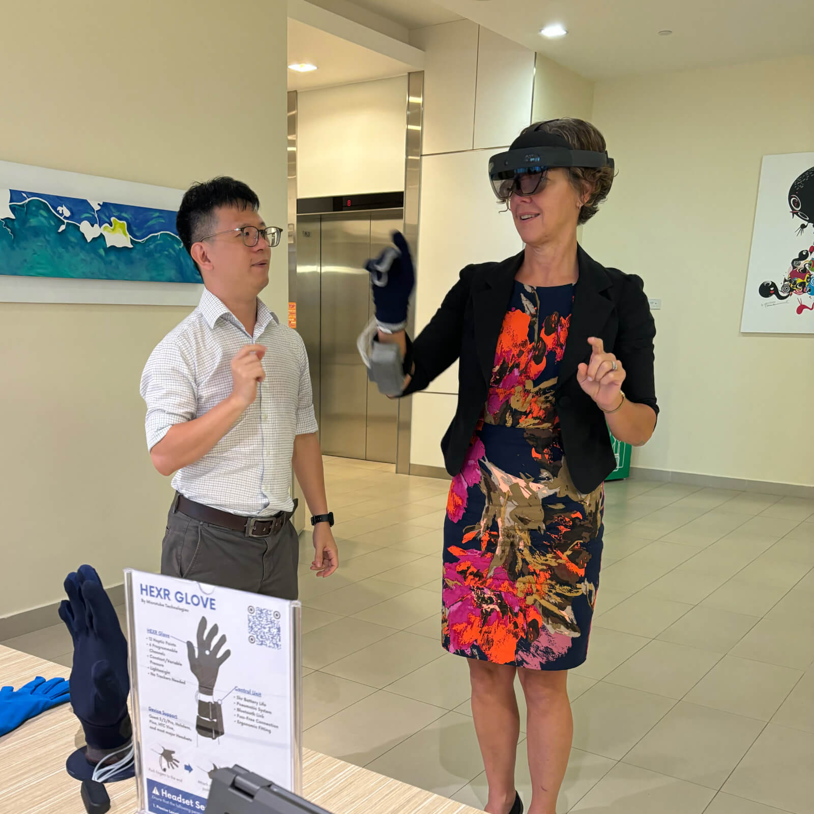 Woman wearing VR headset in a lab