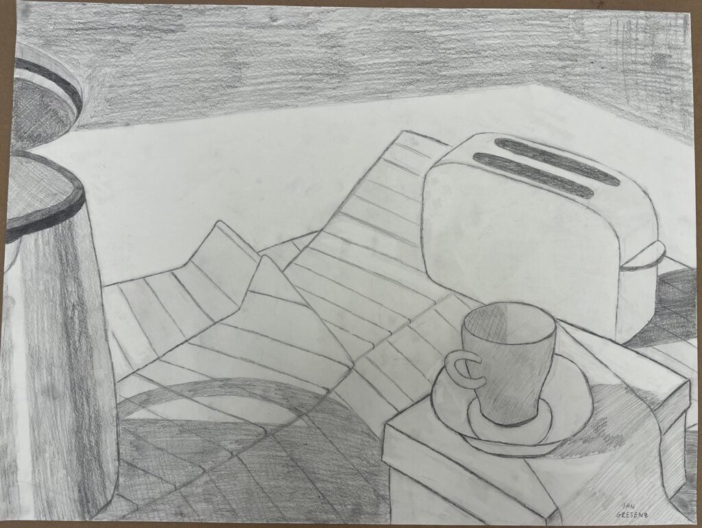 Graphite still life of a toaster, cup and saucer, and tea kettle.