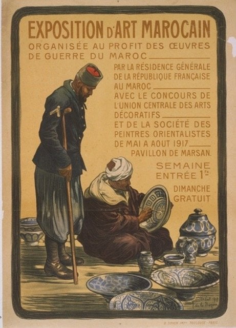 Drawing of a crippled Moroccan soldier watching a compatriot painting dishes. Text advertises an exhibit of Moroccan art to benefit war works in Morocco.