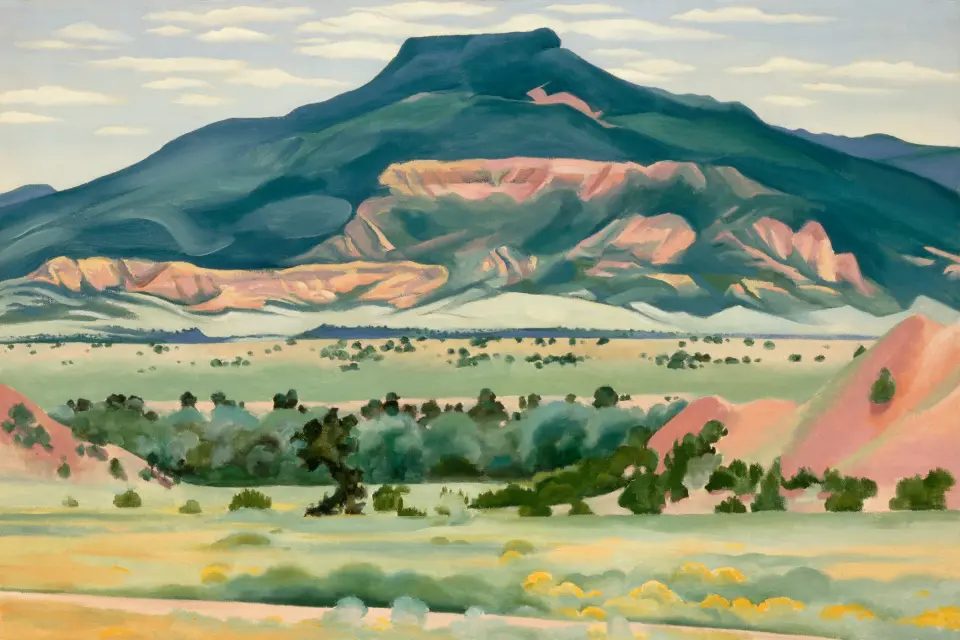 A painted landscape with a field and bushes in the foreground and flat-topped mountains in the distance.