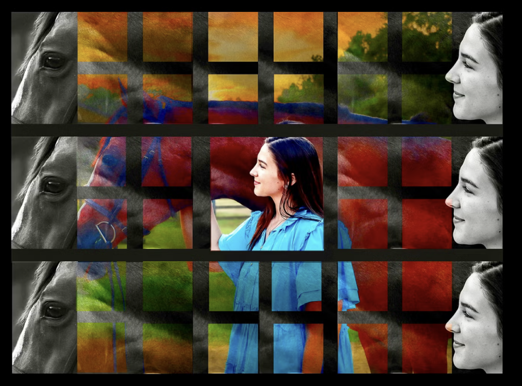 A woman in a blue dress pets a brown horse, overlayed with colorful grid of squares.