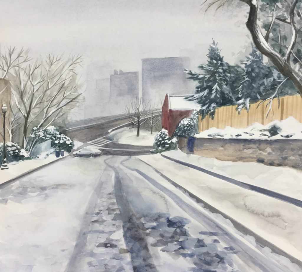 A watercolor of a snowy street