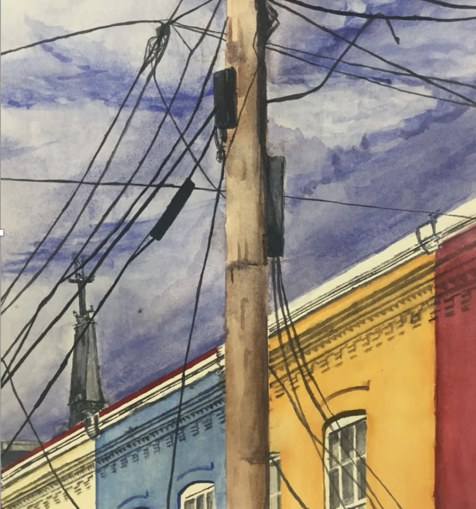 A watercolor og a telephone pole with balck power lines leading to the colorful row of apartments behind it.