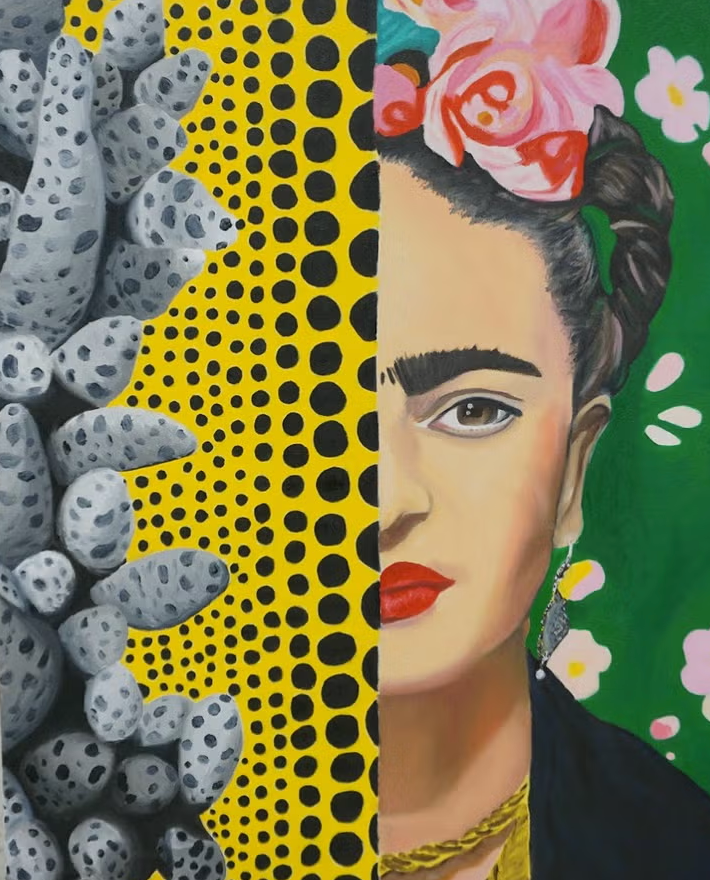 The left half of the painting is black dots on yellow and the right side is half of Frida Kahlo's face with a green background.