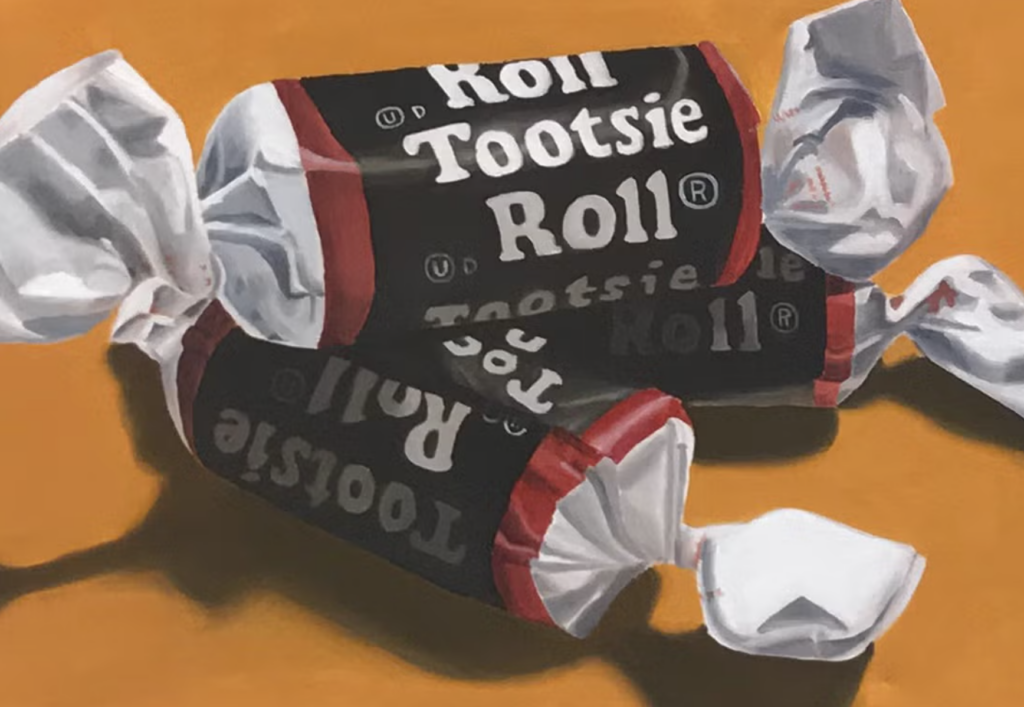 A close up painting of three Tootsie Polls laying in a pile, with an orange background. 