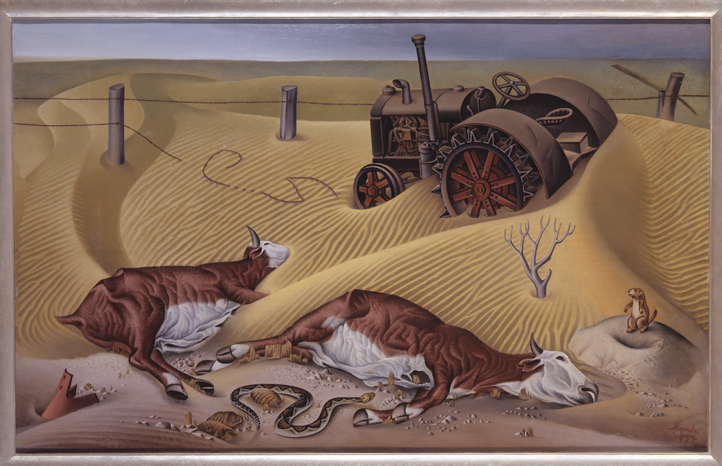 a bleak Texas scene in which two bulls' bodies decay on the barren, windswept landscape, with a tractor in the background.