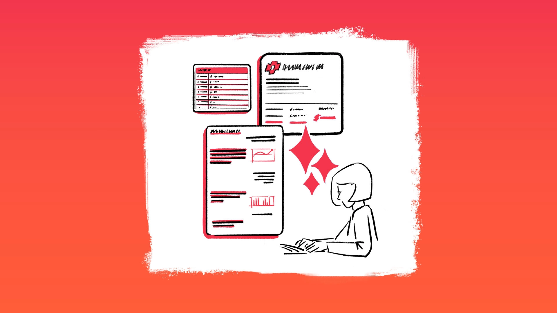 An illustration of a worker using AI agents to populate various forms of charts and graphs.