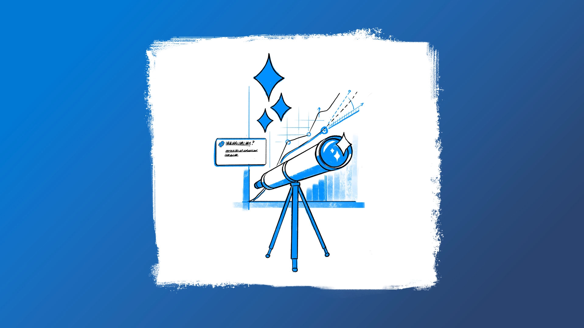 An illustrated telescope, with an AI prompt window and business charts and graphs in the background.