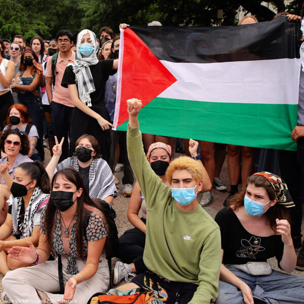 Austin, TX, USA - April 25, 2024: University of Texas students protest Israel's war in Gaza and the arrest of students at a demonstration the previous day at a rally on campus.