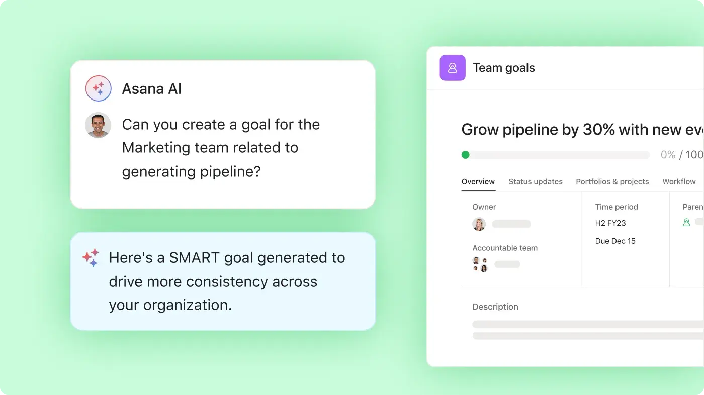 Group of employees working on team goals: Asana abstracted product UI