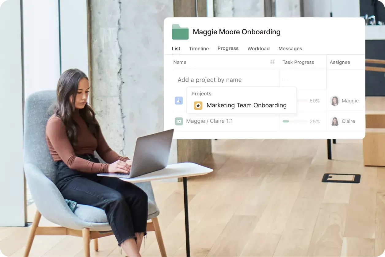 Employee working on onboarding project in Asana Product UI 