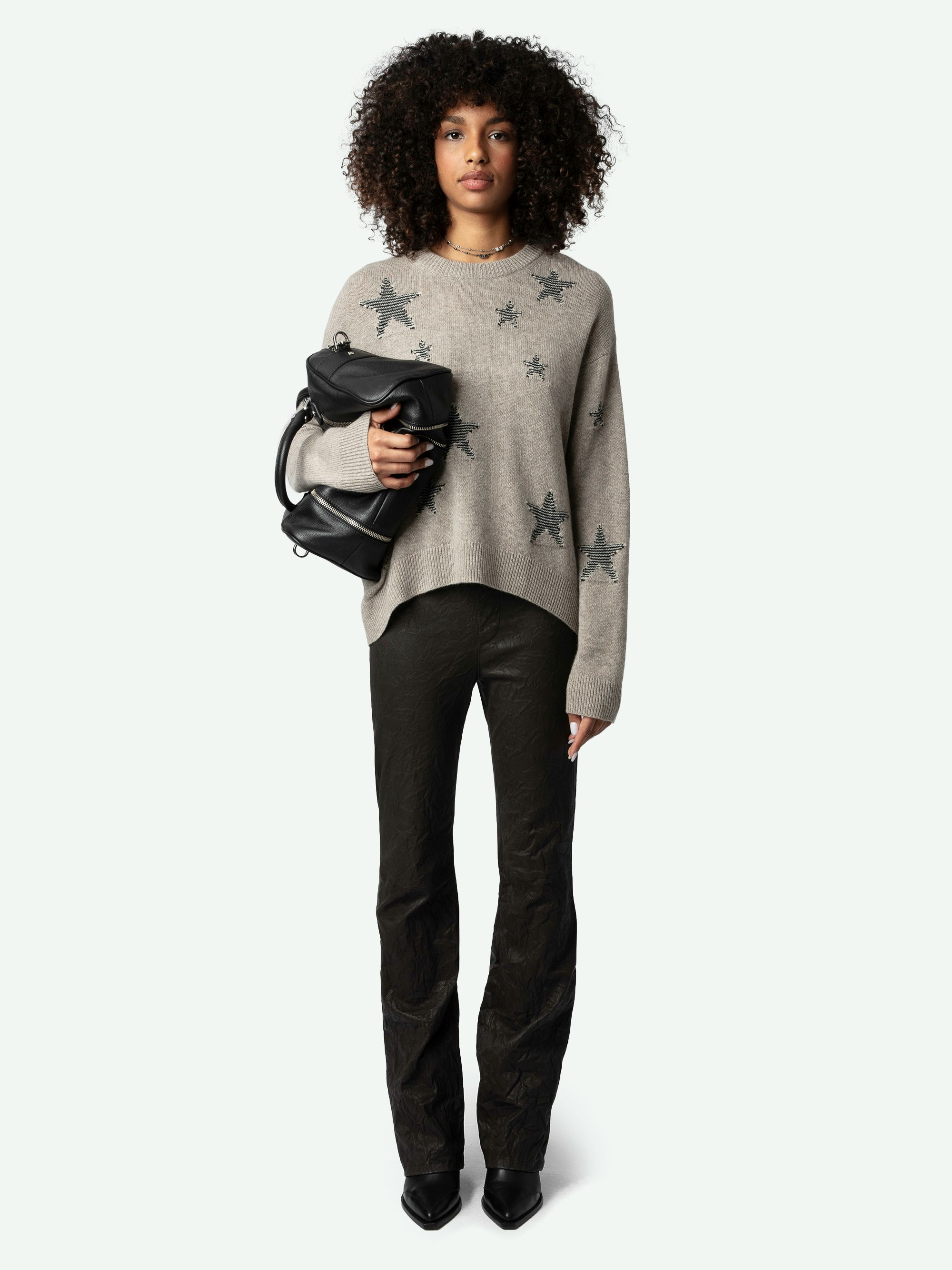 Markus Stars Cashmere Sweater - Long-sleeved, loose-fitting sweater in brown cashmere with contrasting stars in tweed.