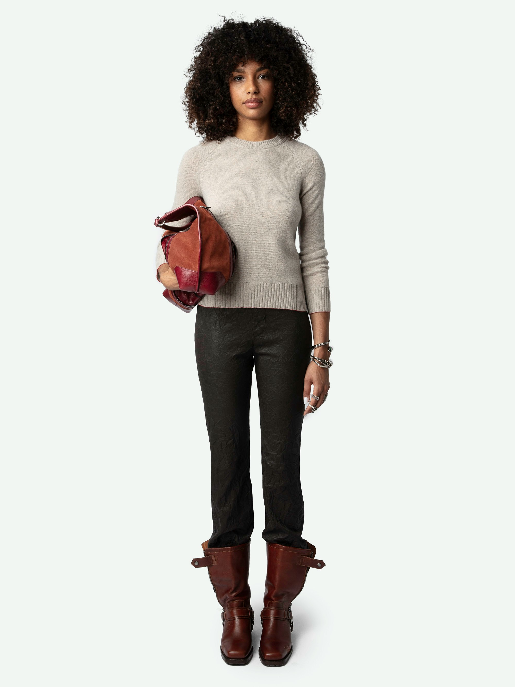 Sourcy Cashmere Sweater - Long-sleeved grey-brown cashmere sweater with contrasting piping.