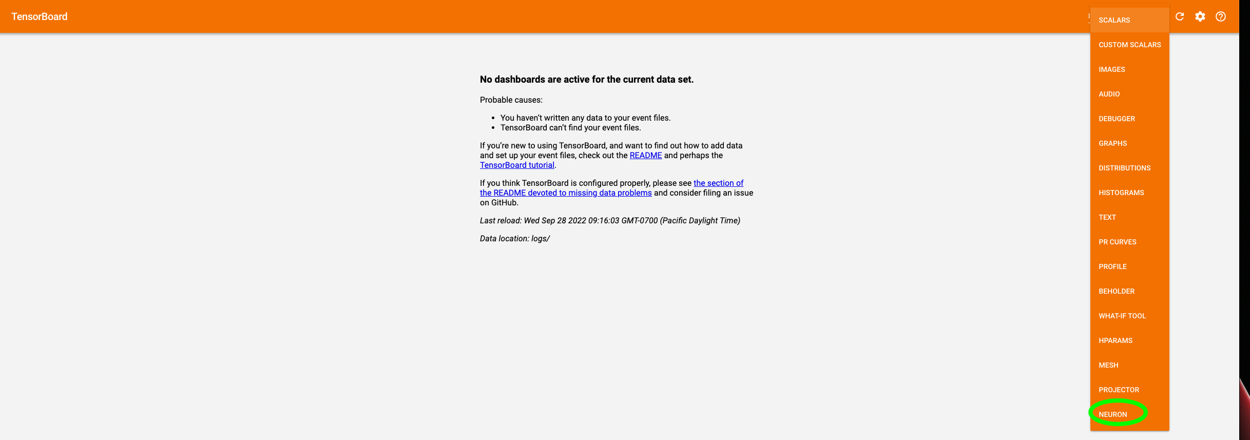 tensorboard-NEURON-dropdown