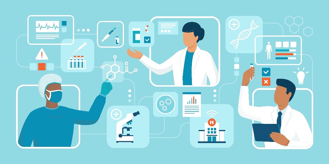 A collage of different cartoon images showing scientists working across a spectrum of basic science, chemistry, biology, research, genetics, and medicine, illustrated by images of an EKG readout, test tubes and a pipette, a syringe and medicine bottle, a chemical structure, a microscope, a pill bottle and pill, a data chart, a hospital, a DNA strand, and a human silhouette.