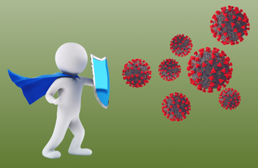 A cartoon person wearing a blue cape and holding a shield, blocking the approach of floating spiky blobs representing viruses.