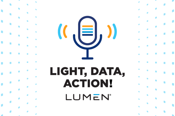 Stylized illustration of a microphone with blue and orange waves on each side depicting sound over the text: Light, Data, Action! and the Lumen logo