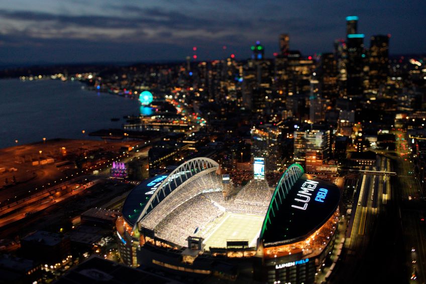 Aerial photo of Lumen Field from above at night