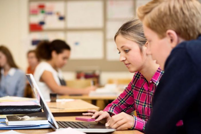 Image of two students in a classroom looking at a laptop.