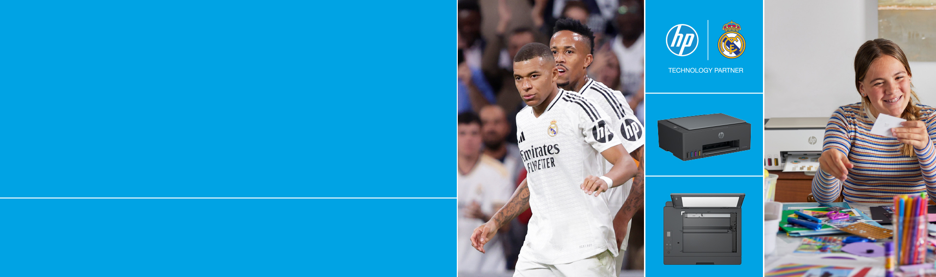 Imagem dos jogadores do Real Madrid. Mulher verificando impressões digitais em casa com a impressora Smart Tank. Impressora Smart Tank em 2 visualizações em fundo azul claro.