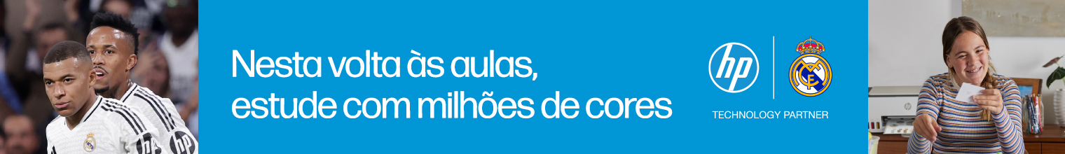 Imagem dos jogadores do Real Madrid. Mulher verificando impressões digitais em casa com a impressora Smart Tank. Nesta volta às aulas, estude com milhões de cores. HP Real Madrid. Technology Partner.