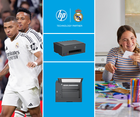 Imagem dos jogadores do Real Madrid. Mulher verificando impressões digitais em casa com a impressora Smart Tank. Nesta volta às aulas, estude com milhões de cores. HP Real Madrid. Technology Partner.