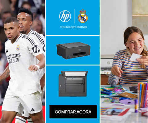 Imagem dos jogadores do Real Madrid. Mulher verificando impressões digitais em casa com a impressora Smart Tank. Nesta volta às aulas, estude com milhões de cores. HP Real Madrid. Technology Partner. clique para comprar.