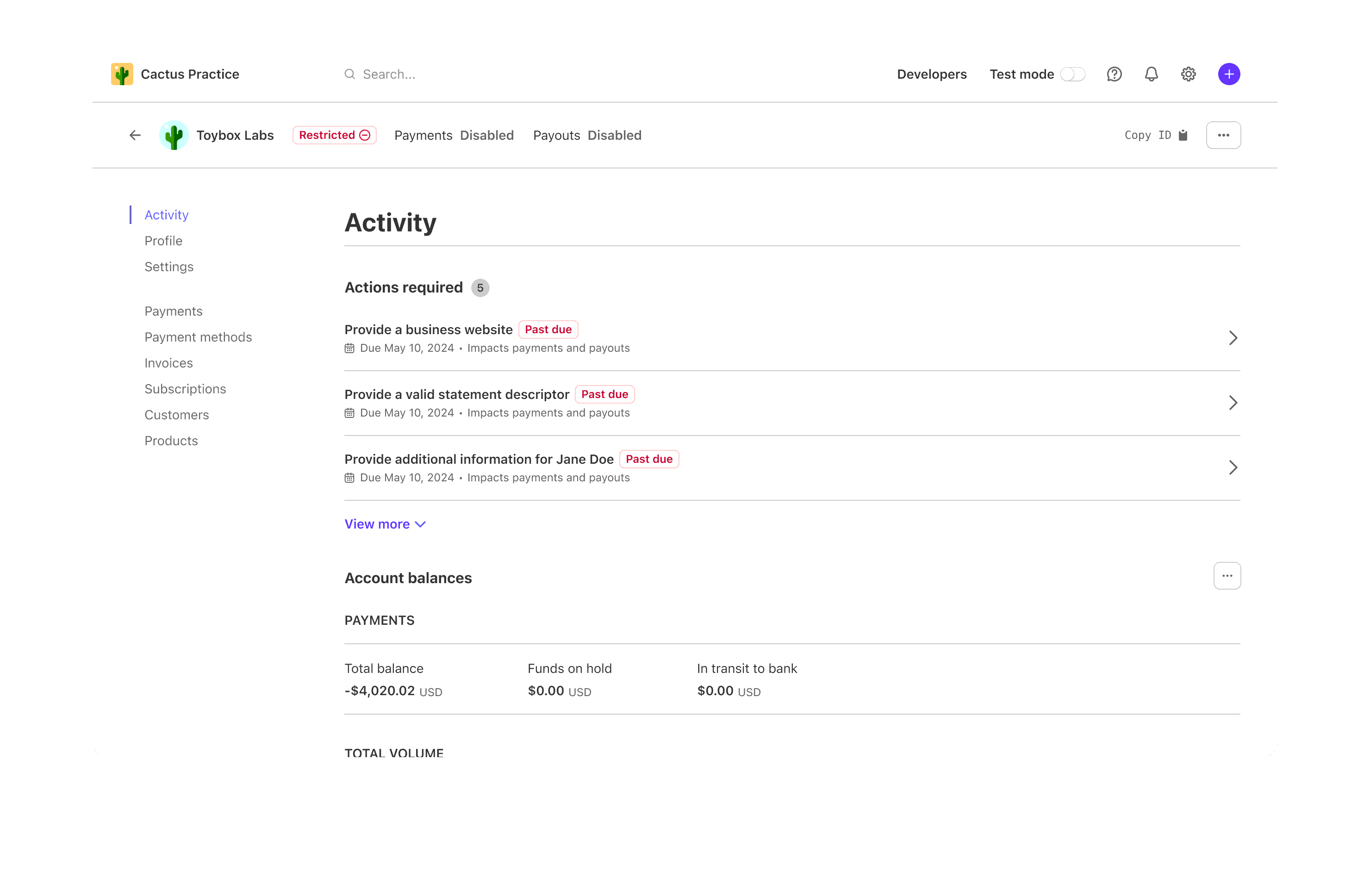 Connected account activity