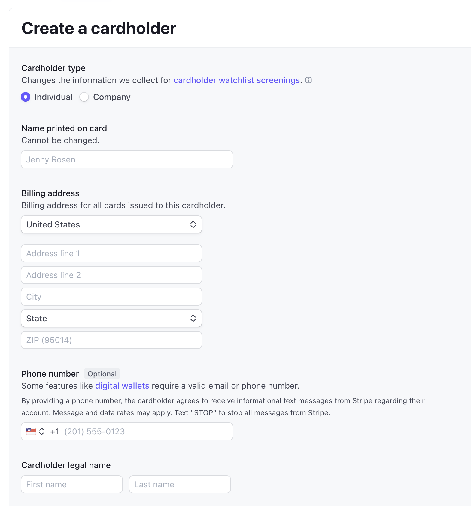 Screenshot of the cardholder creation modal