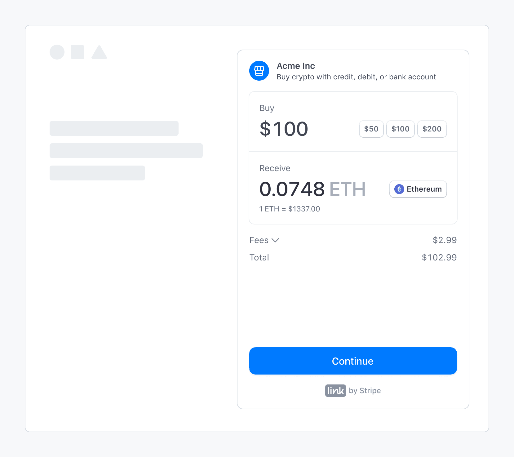 Stripe's fiat-to-crypto onramp being embedded into a third-party application