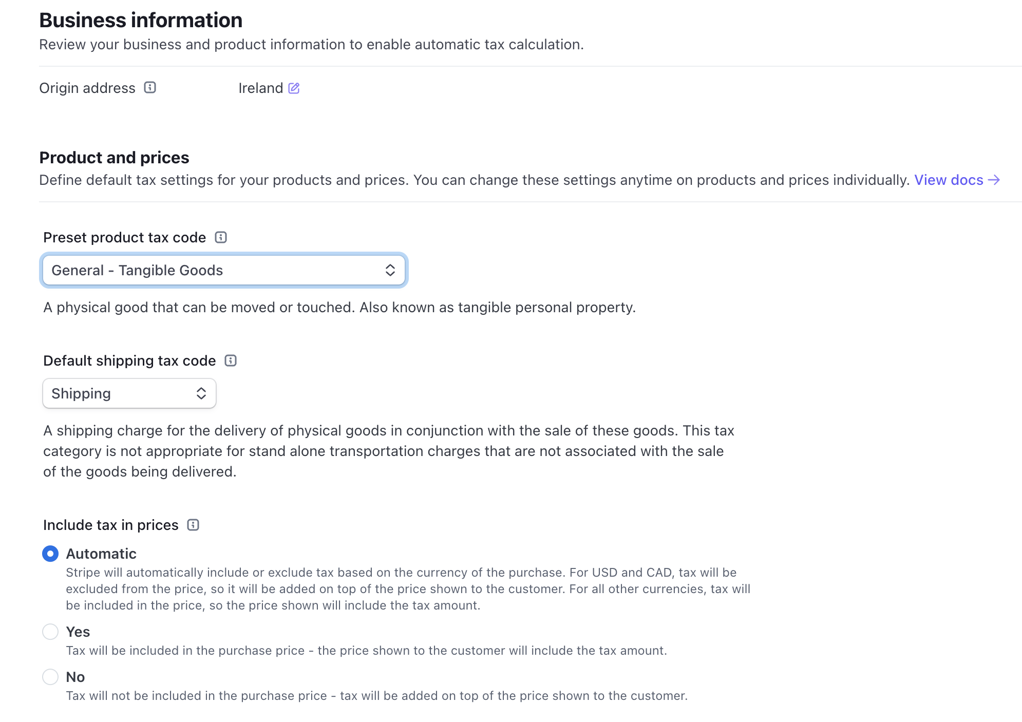 The tax settings showing the preset tax codes, and the default shipping tax code.