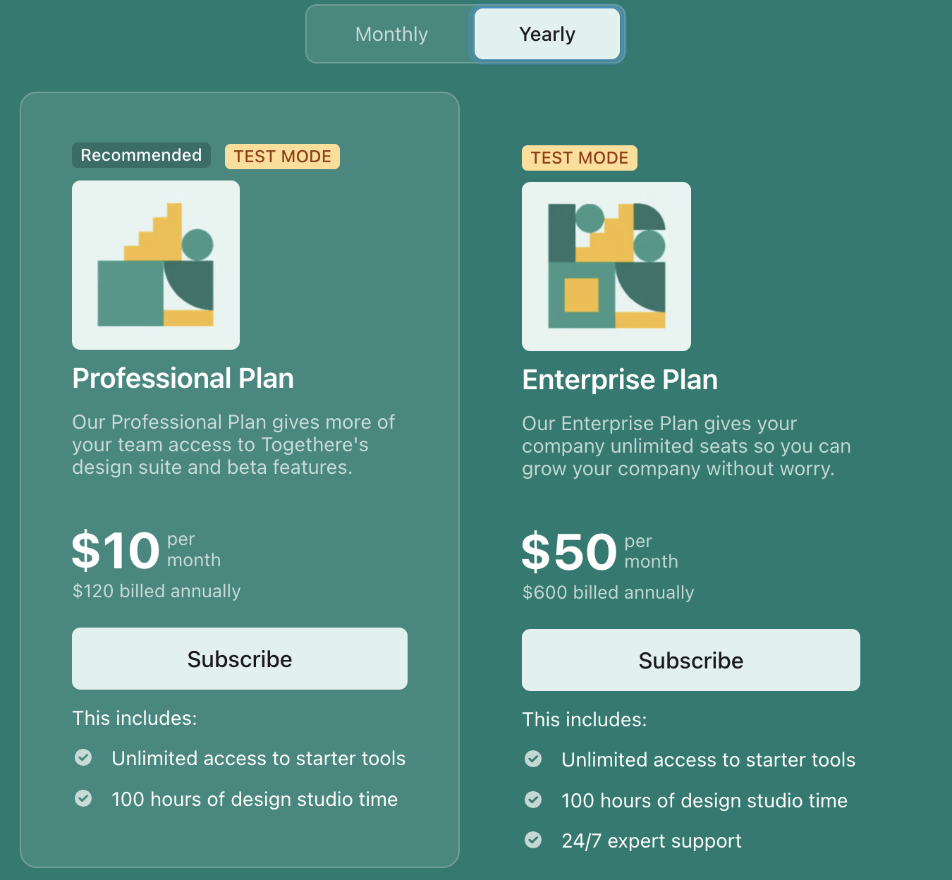 A pricing table with yearly prices displayed in monthly terms