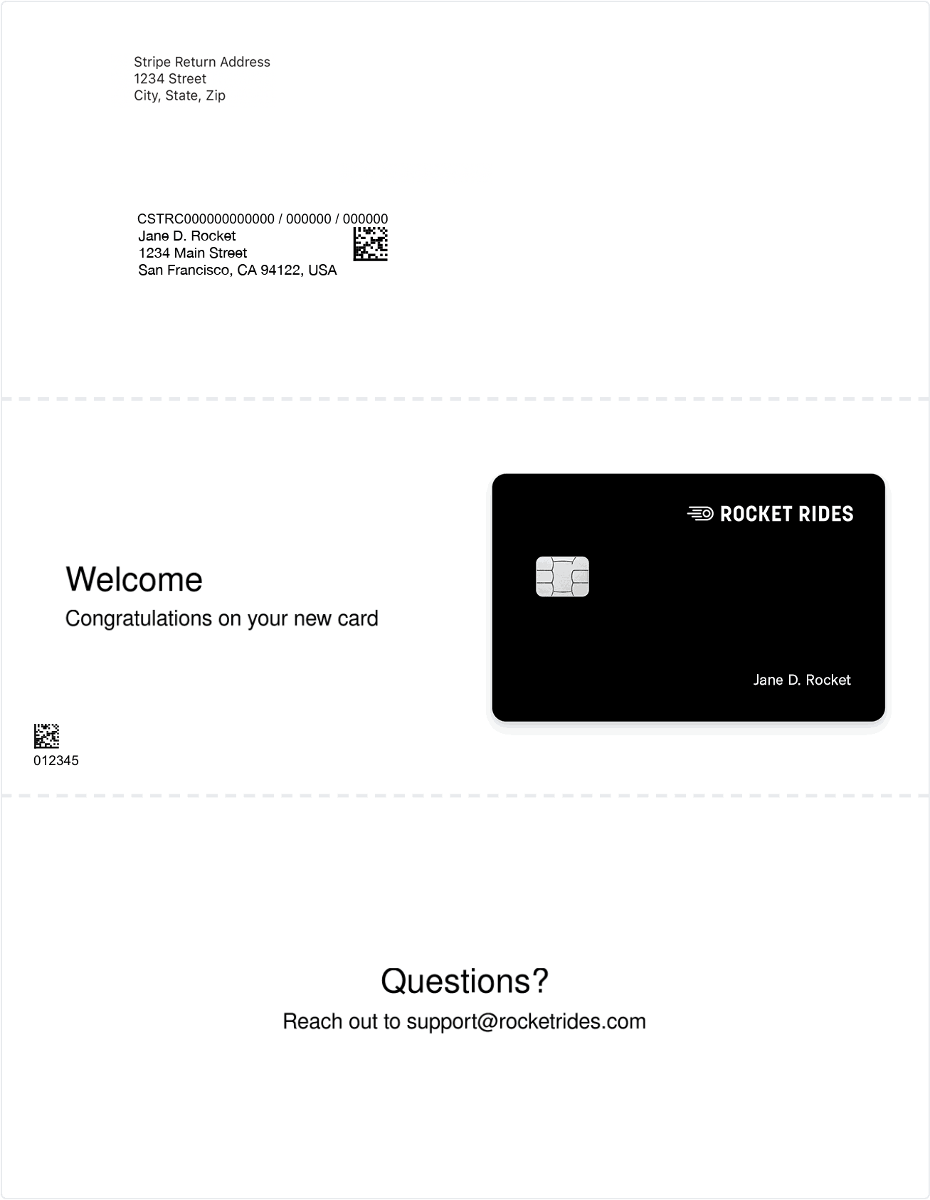 A standard black card and standard white tri-fold carrier