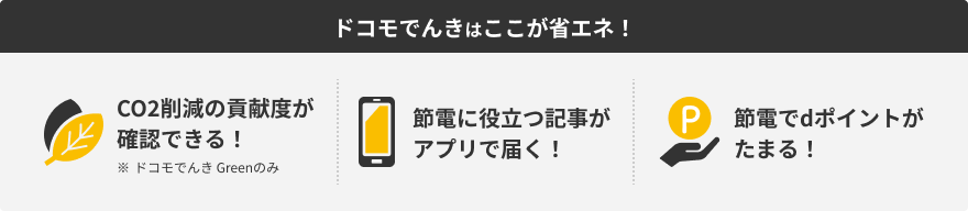 ドコモでんきはここが省エネ！CO2削減の貢献度が確認できる！※ドコモでんき Greenのみ 節電に役立つ記事がアプリで届く！節電でdポイントがたまる！