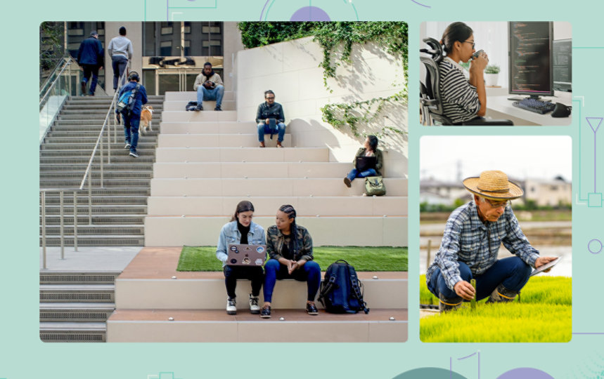 A collage of images featuring students on a campus, a developer drinking coffee while looking at code on a monitor, and a farmer inspecting crops while holding a tablet on top of an illustrated teal background color.