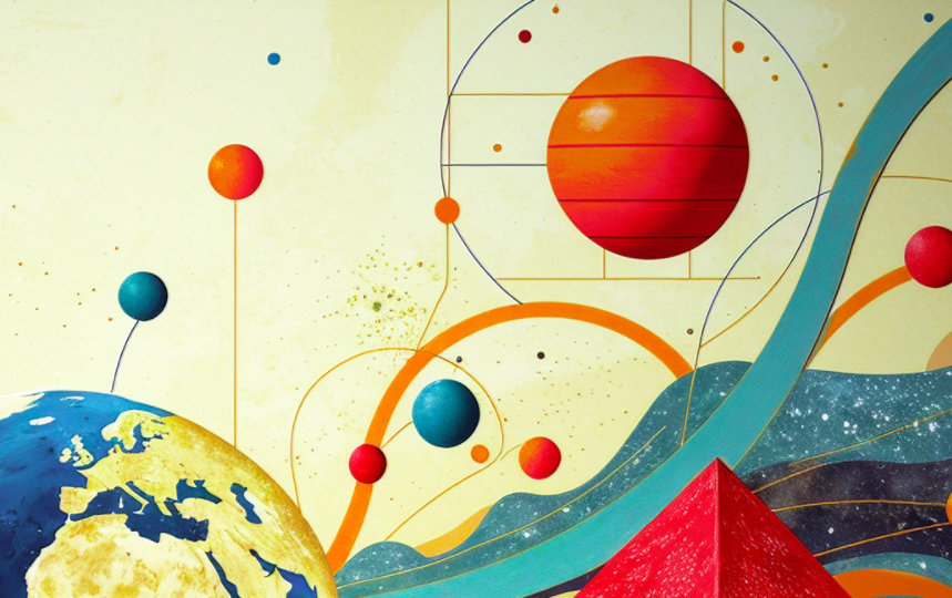 Colorful abstract illustration with geometric shapes and Earth.