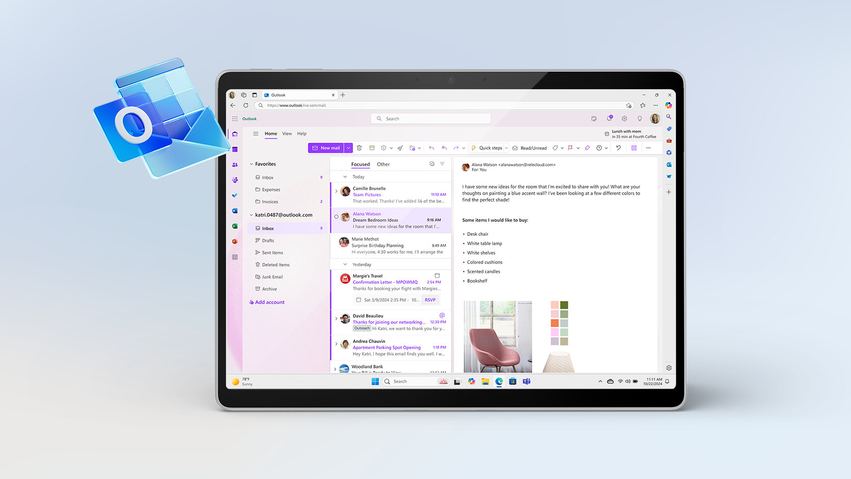 A tablet displays a personal Outlook inbox.