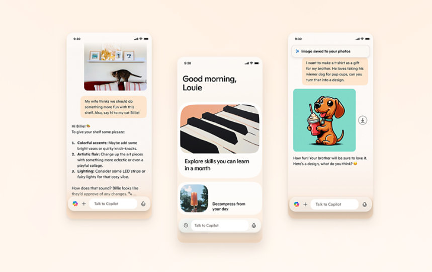 Trei capturi de ecran din aplicația Copilot