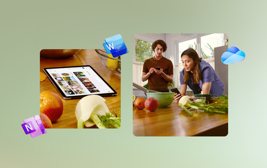 Two friends make food together in a kitchen while looking at phones and a tablet running apps that are part of a Microsoft 365 subscription.