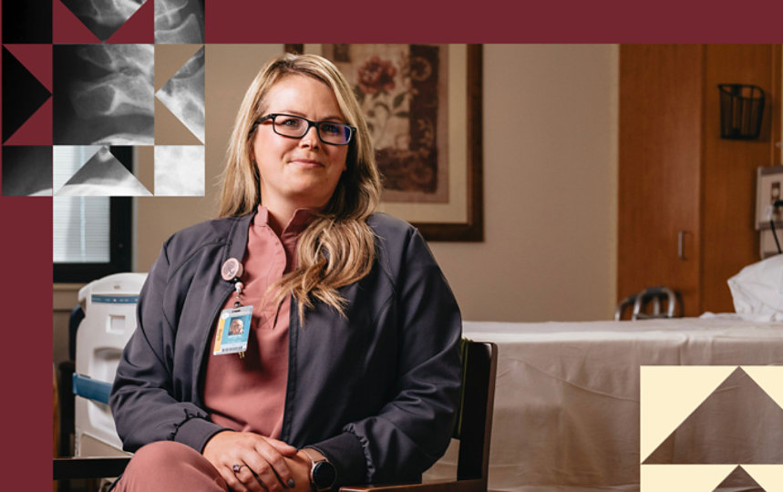 A Summit Healthcare nurse in pink scrubs in a hospital room.