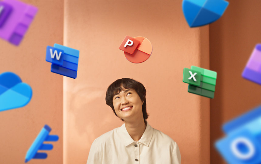 A young woman works on a Surface laptop while Microsoft 365 App icons whirl around her head.