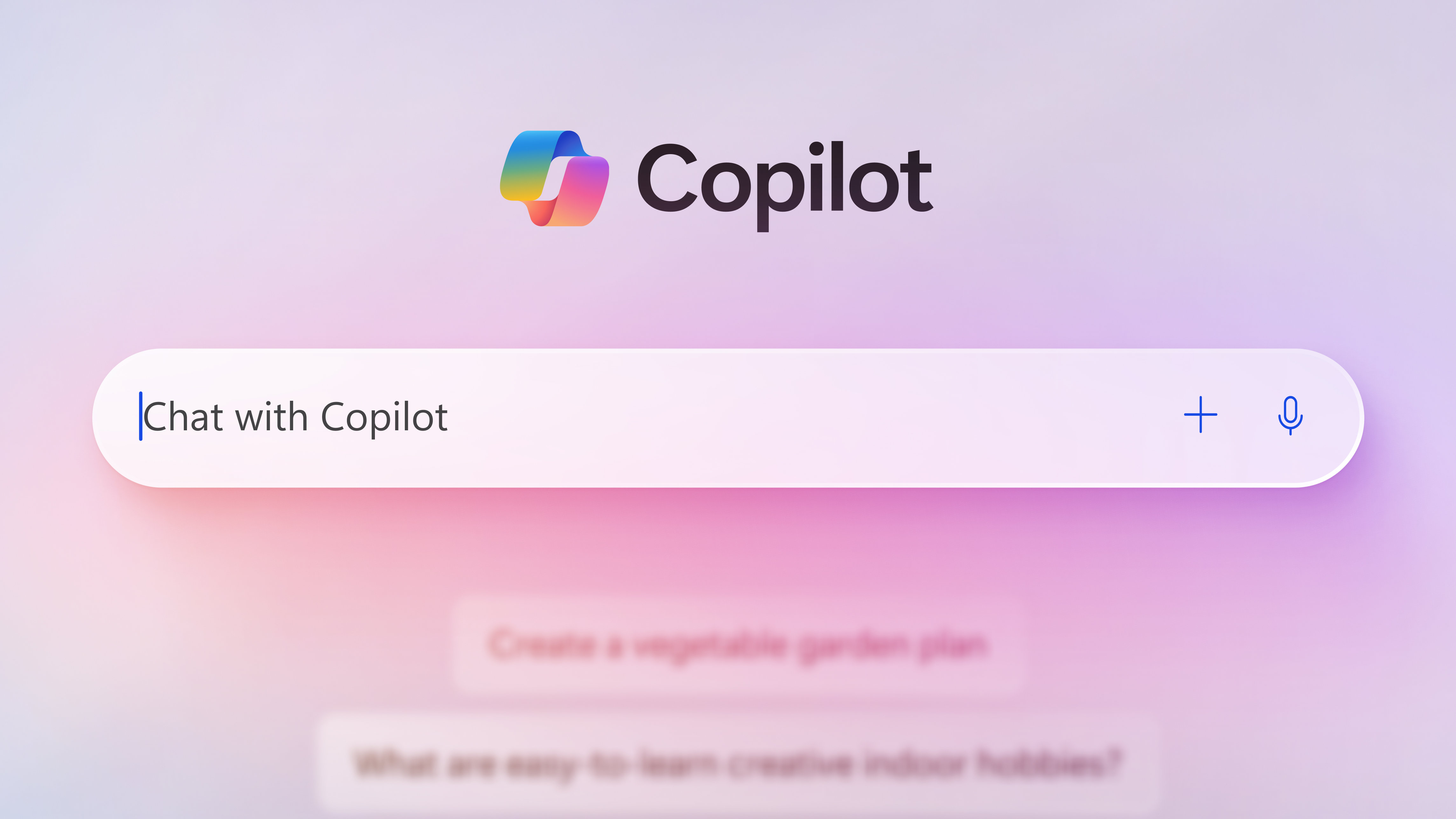 Primer plano de la barra de búsqueda de la app Copilot sobre un fondo de color púrpura claro y rosado.