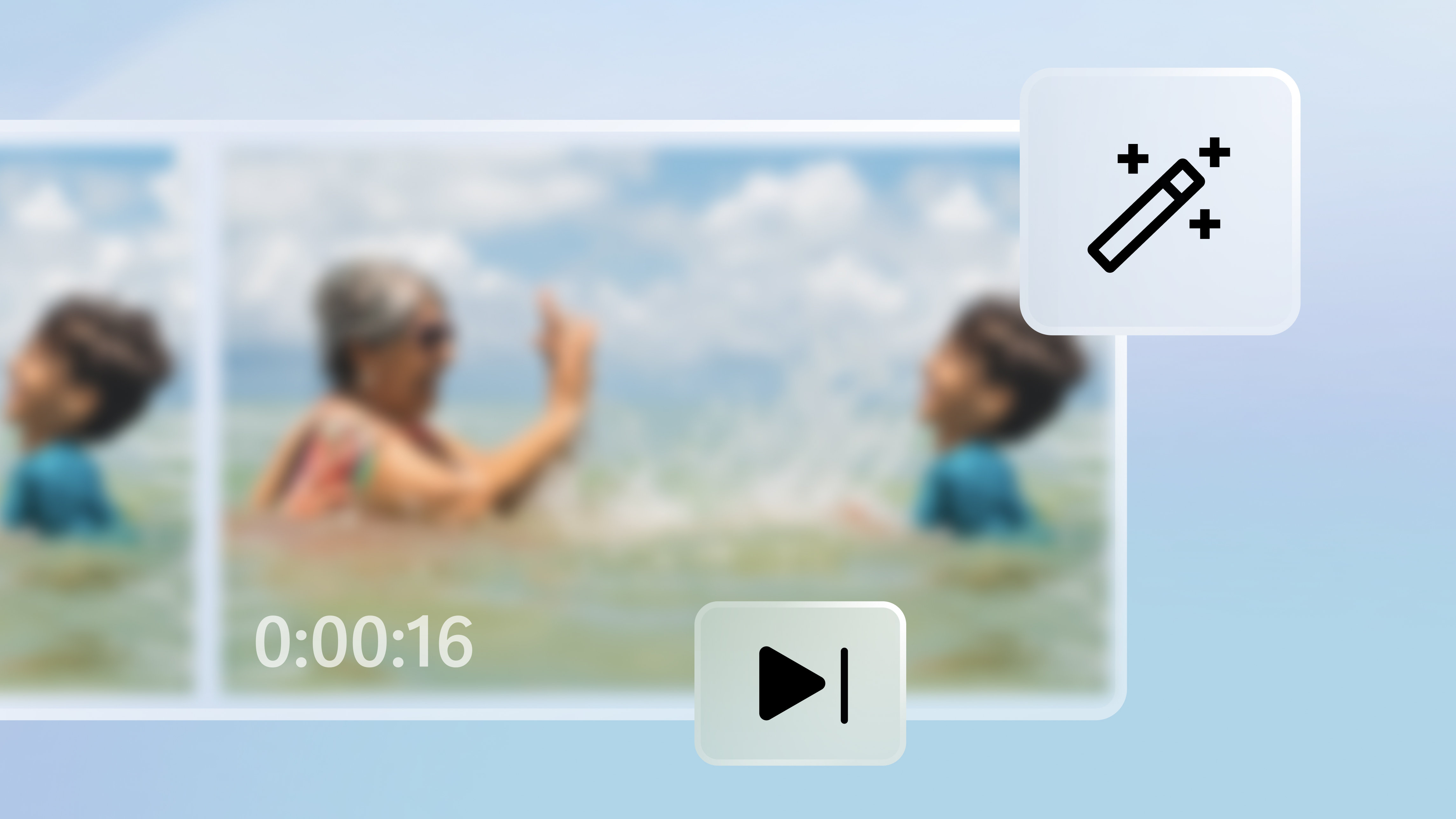 A blurred photo displayed on a light blue background with enlarged editing icons on top