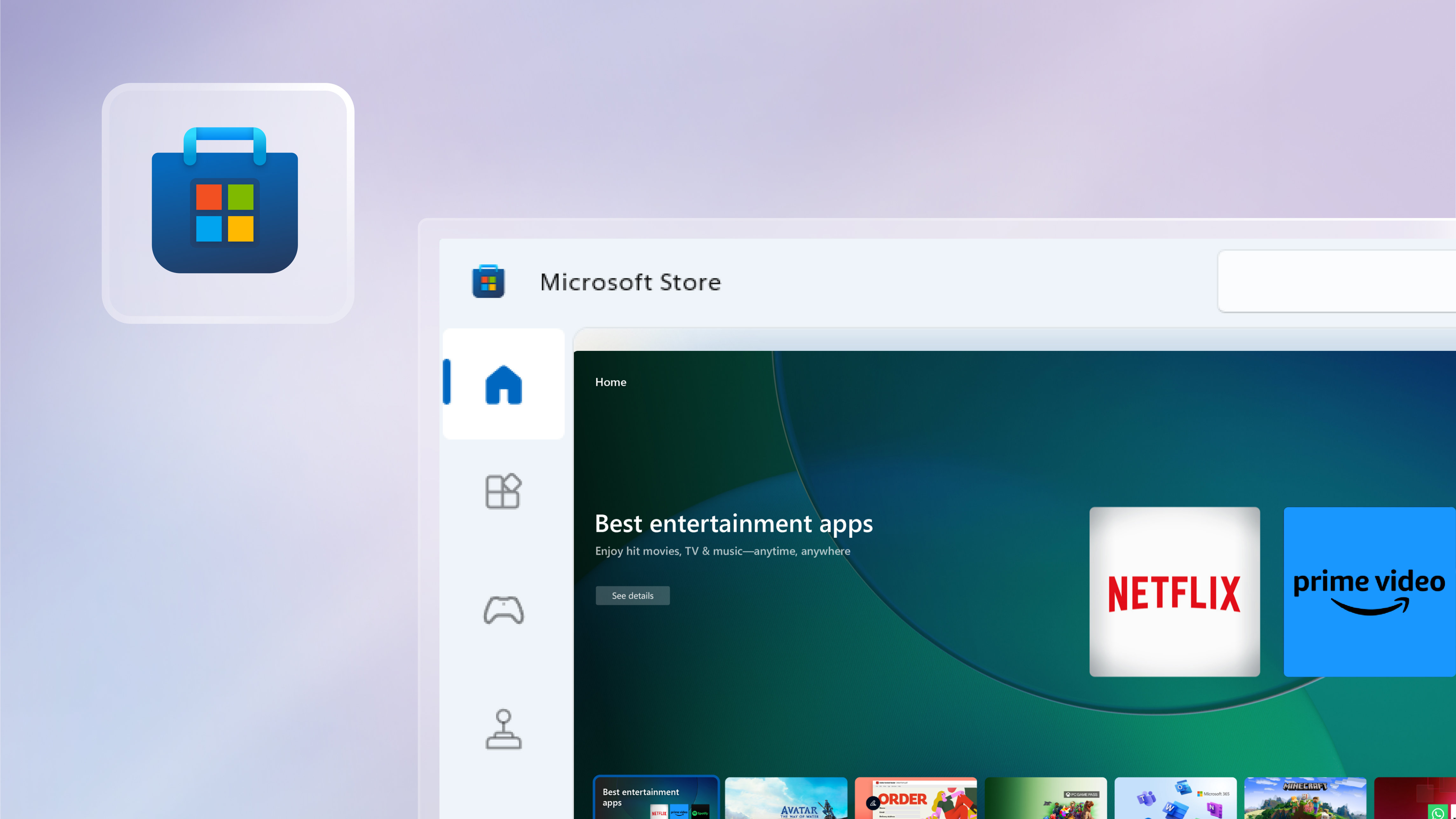 La ventana de Microsoft Store abierta sobre un fondo de gradiente púrpura.